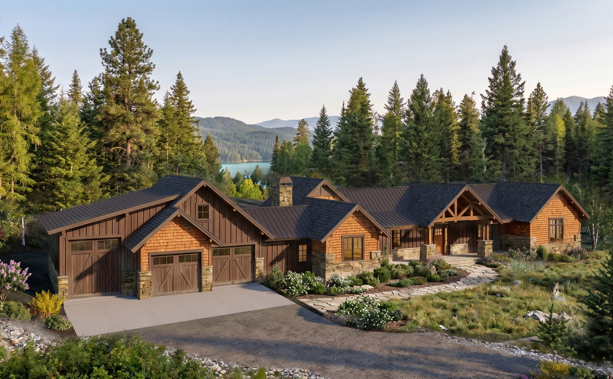 A large rustic cabin-style house with stone and wood exterior, surrounded by trees and mountains.