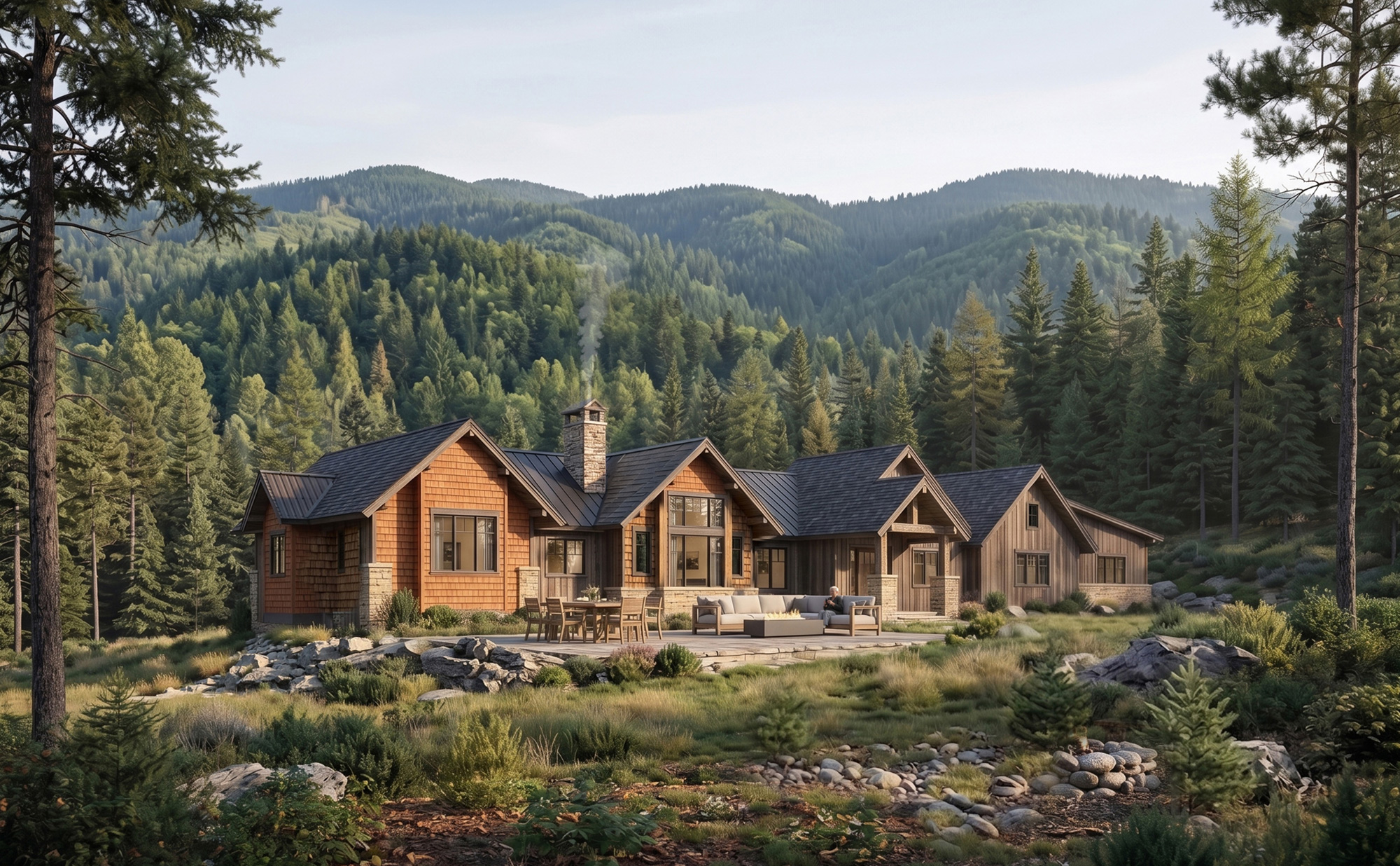 Mountain-side wooden houses with stone chimneys nestled among evergreen trees, outdoor seating visible in foreground.