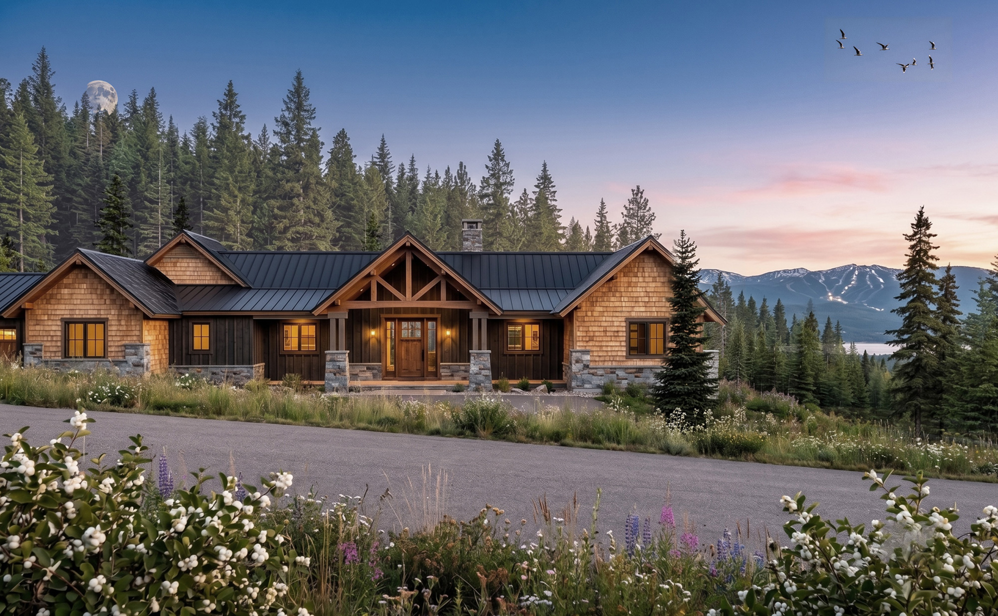 Cozy wooden cabin with warm lights nestled among pines at dusk, moon rising over mountains.