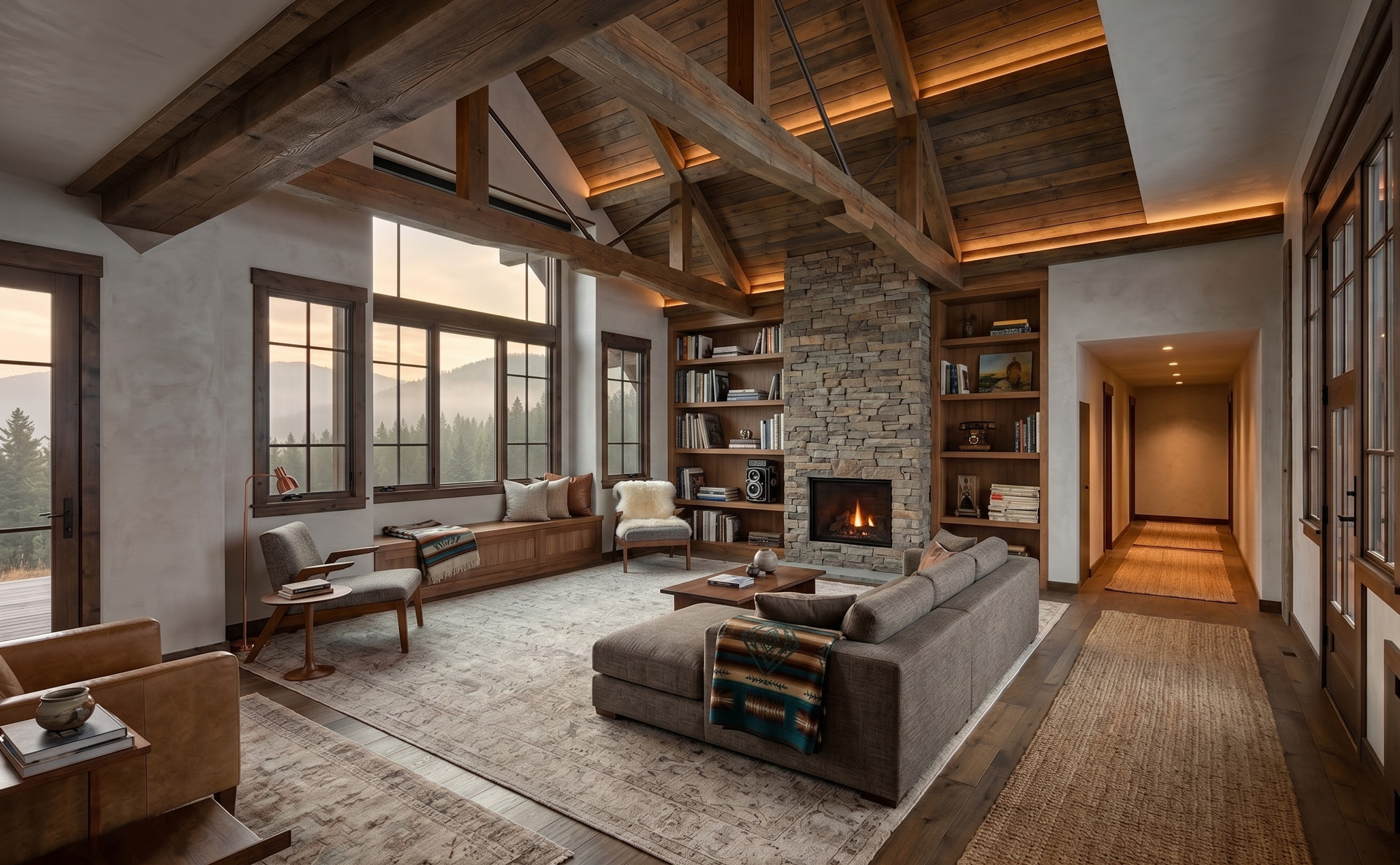 Cozy living room with stone fireplace, large windows, wooden beams, and modern rustic decor at sunset.